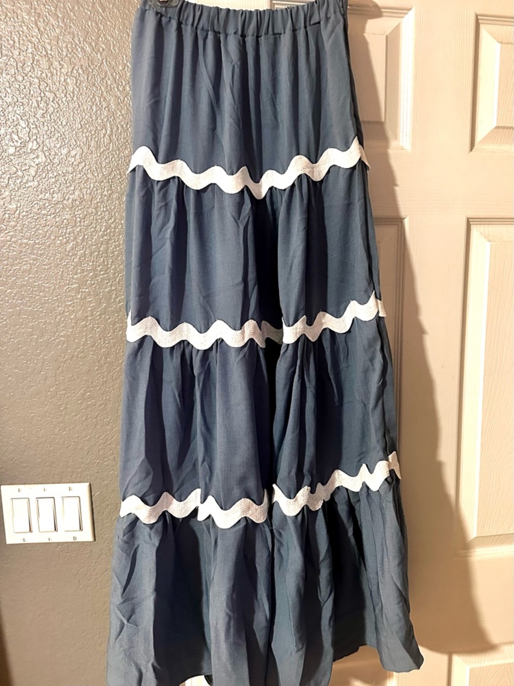 Women's Blue Tiered Maxi Skirt with White Trim